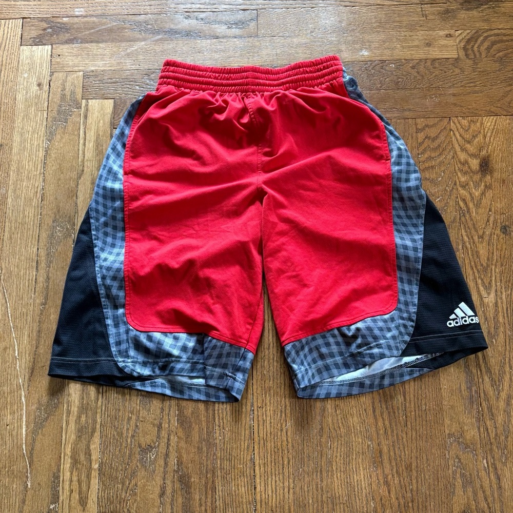 Adidas Basketball Shorts Men’s Medium Red Black Gray Checkered Athletic Mesh